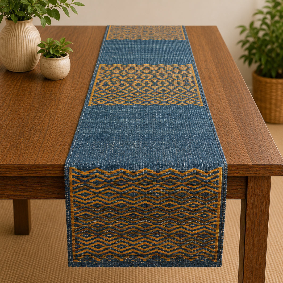 Handwoven Madur Table Runner (Blue & Yellow)