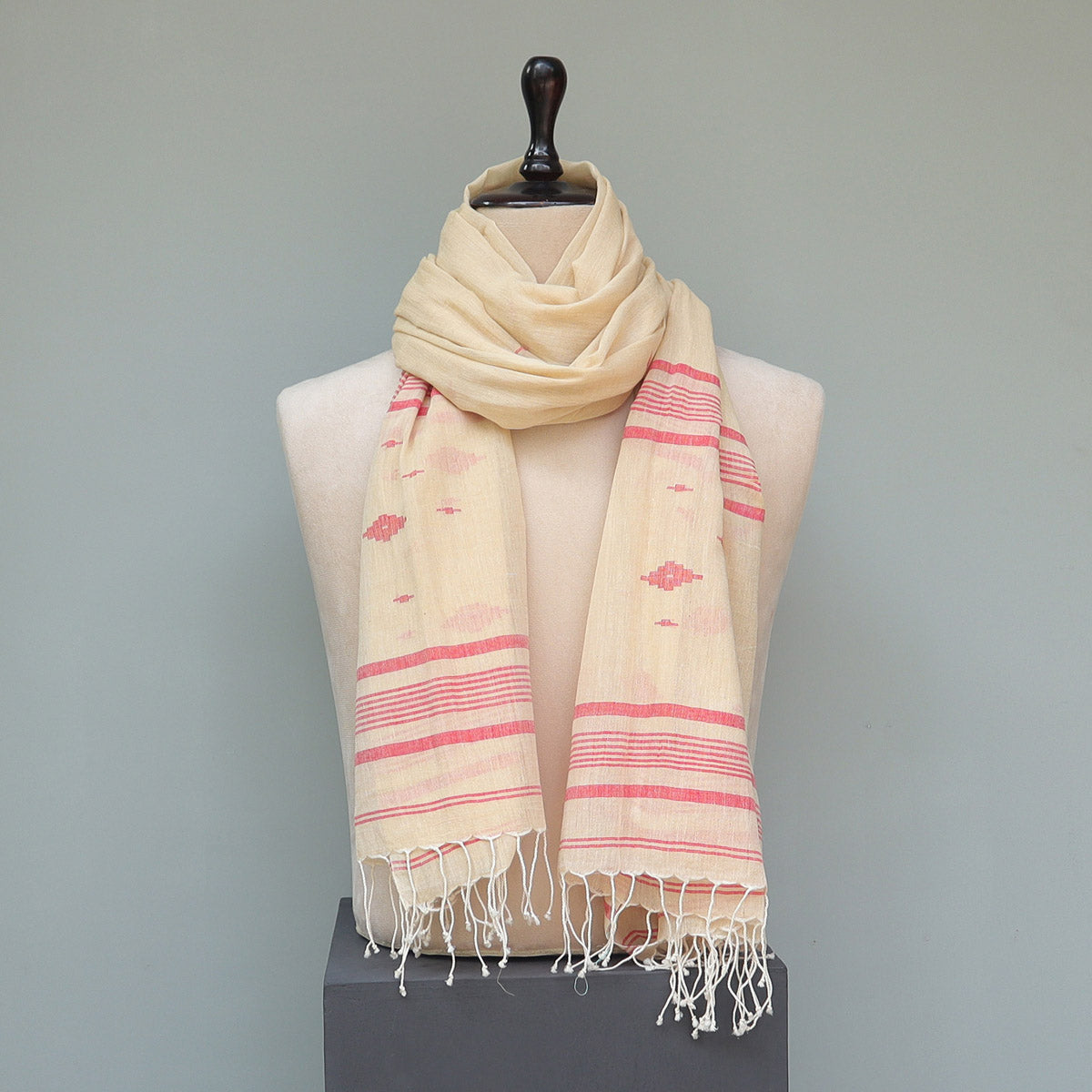 Cotton Jamdani Stole (Beige with Red)