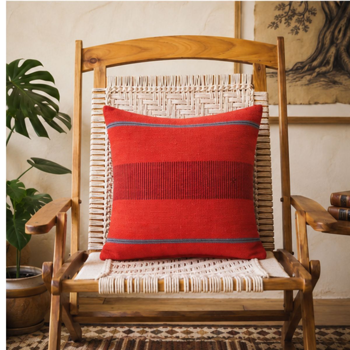 Handwoven Dhokra Cushion Cover (Crimson)- 16"