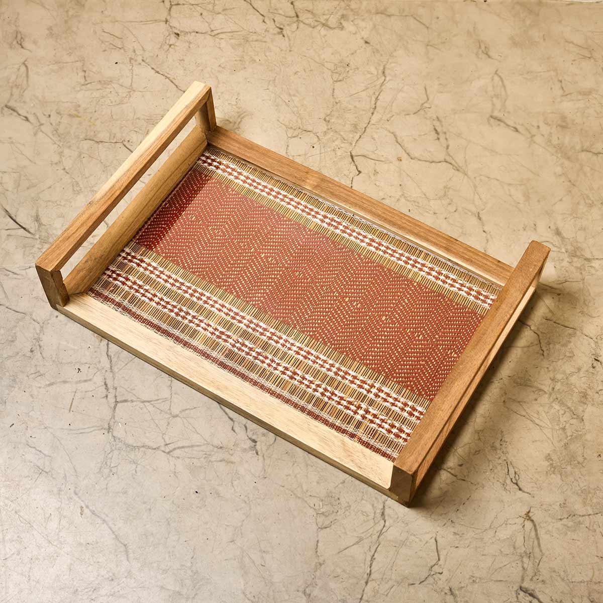 Wooden Big Tray with Handle- Red & Beige