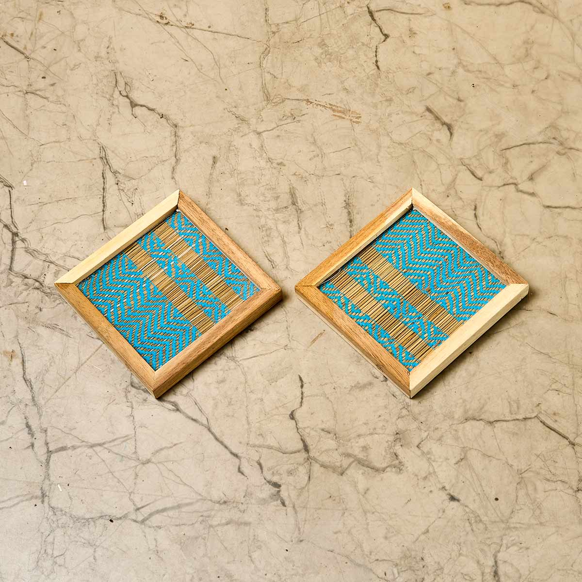 Wooden Framed Blue Madur Coaster (Set of 2)
