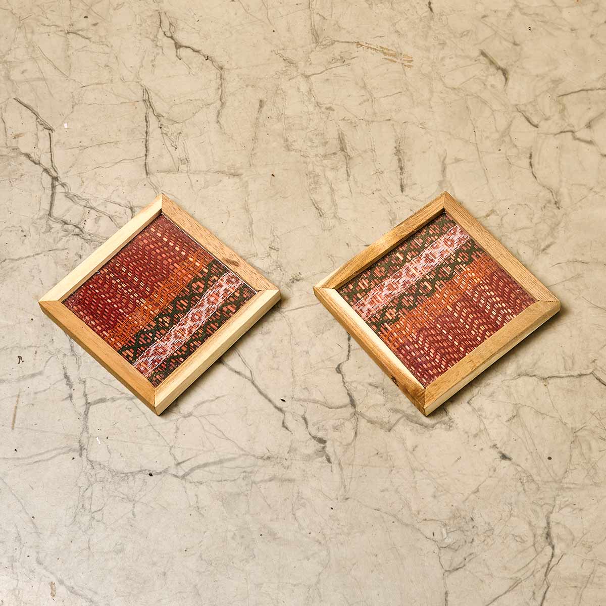 Wooden Framed Maroon Madur Coaster (Set of 2)