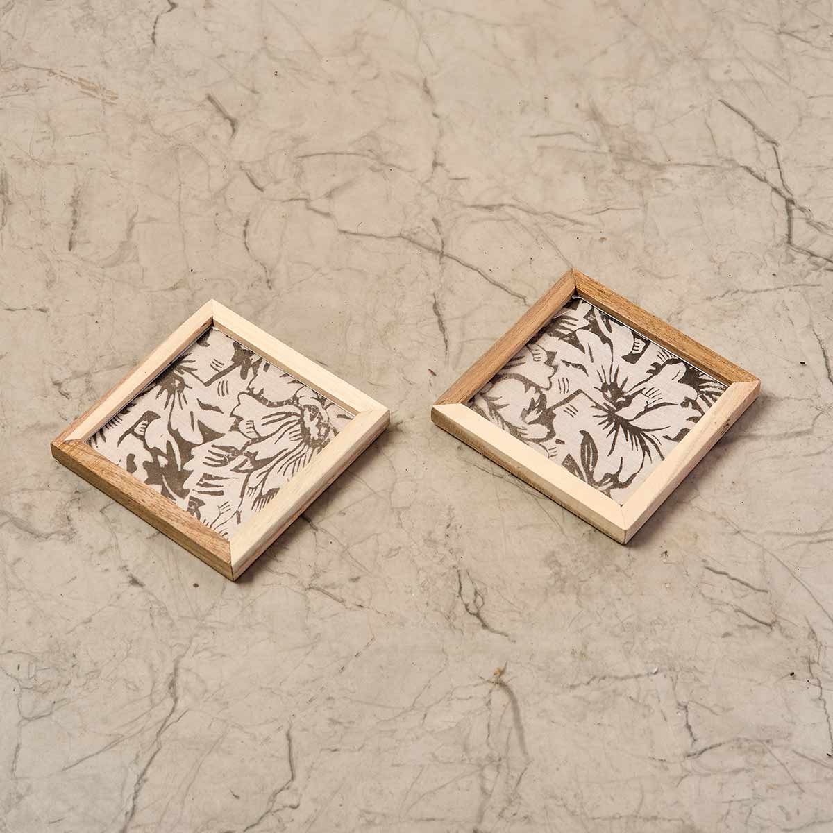 Wooden Framed B & W Fabric Coaster (Set of 2)