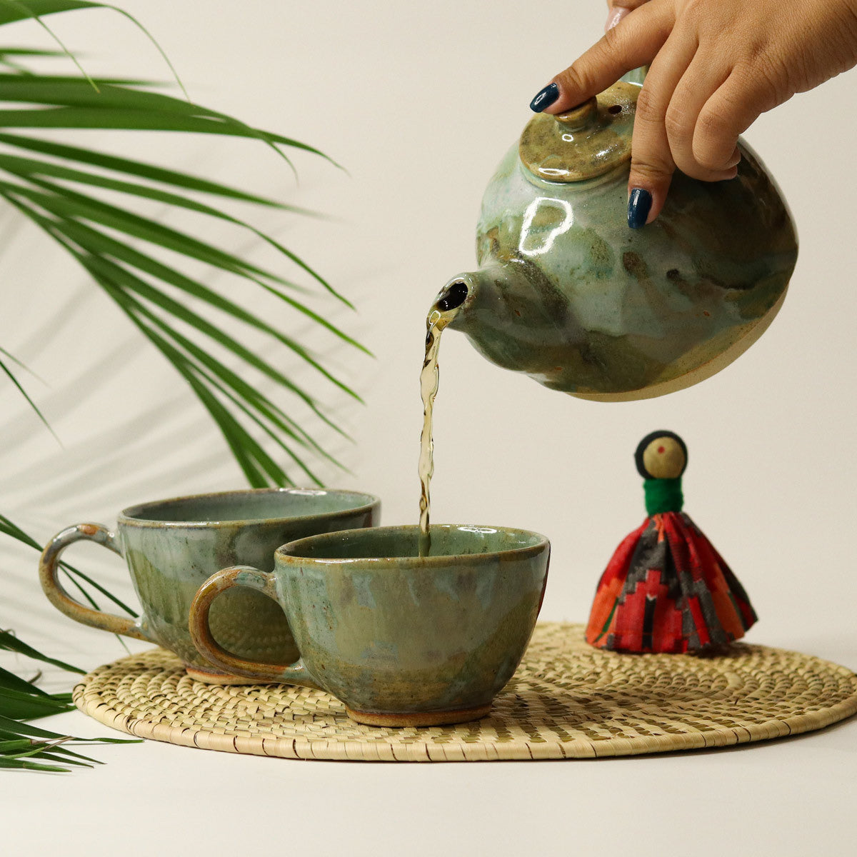 Double Teapot with 2 Cups (Moss Green)