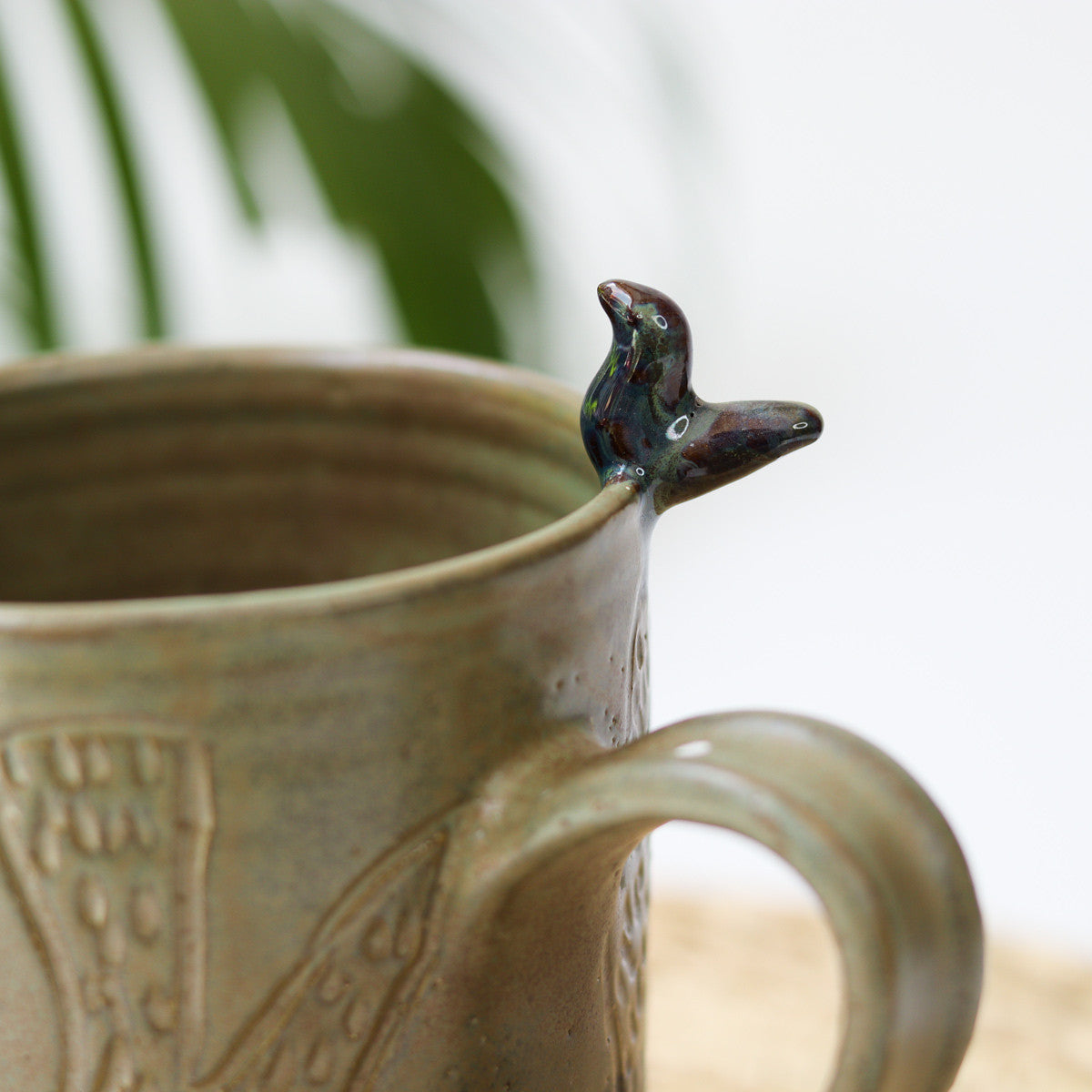 Ceramic Etched Cup with bird (Moss Green)