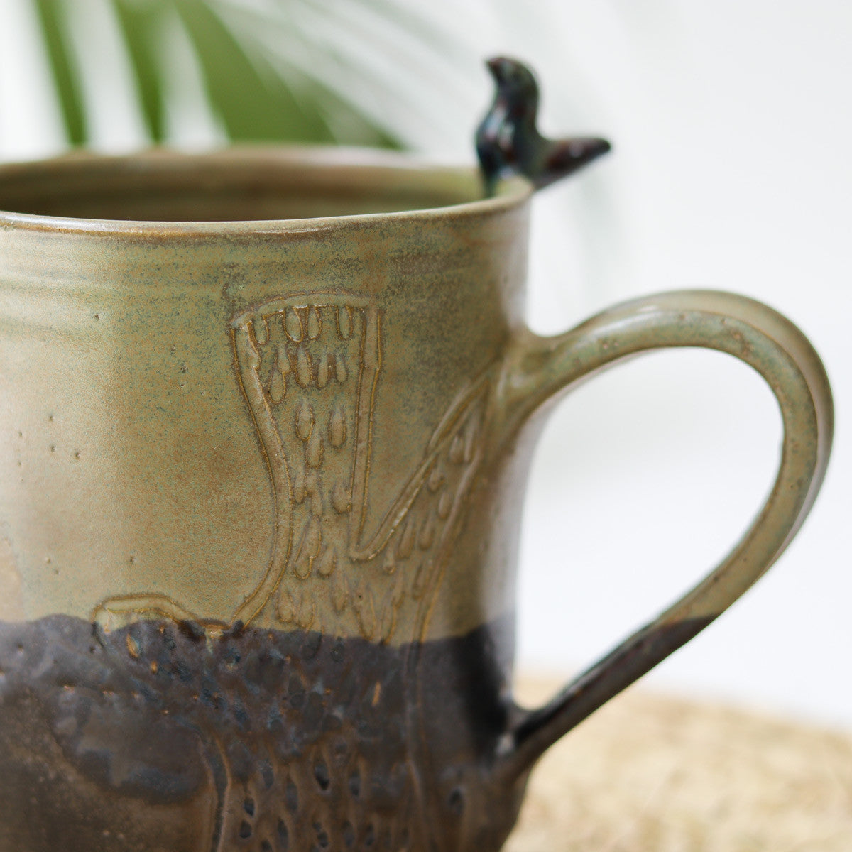 Ceramic Etched Cup with bird (Moss Green)