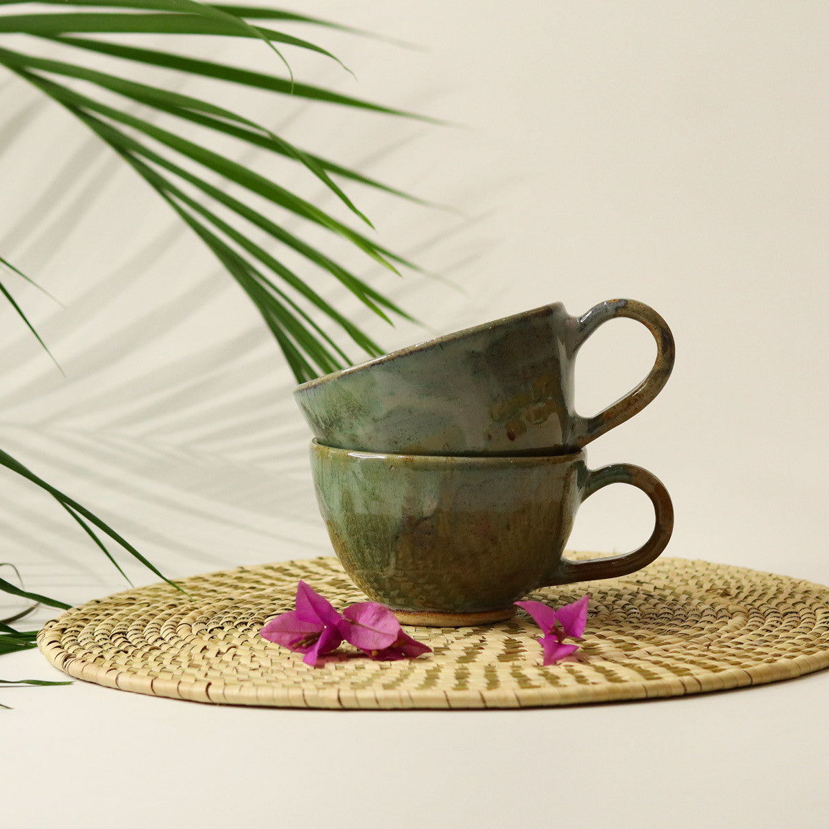 Double Teapot with 2 Cups (Moss Green)