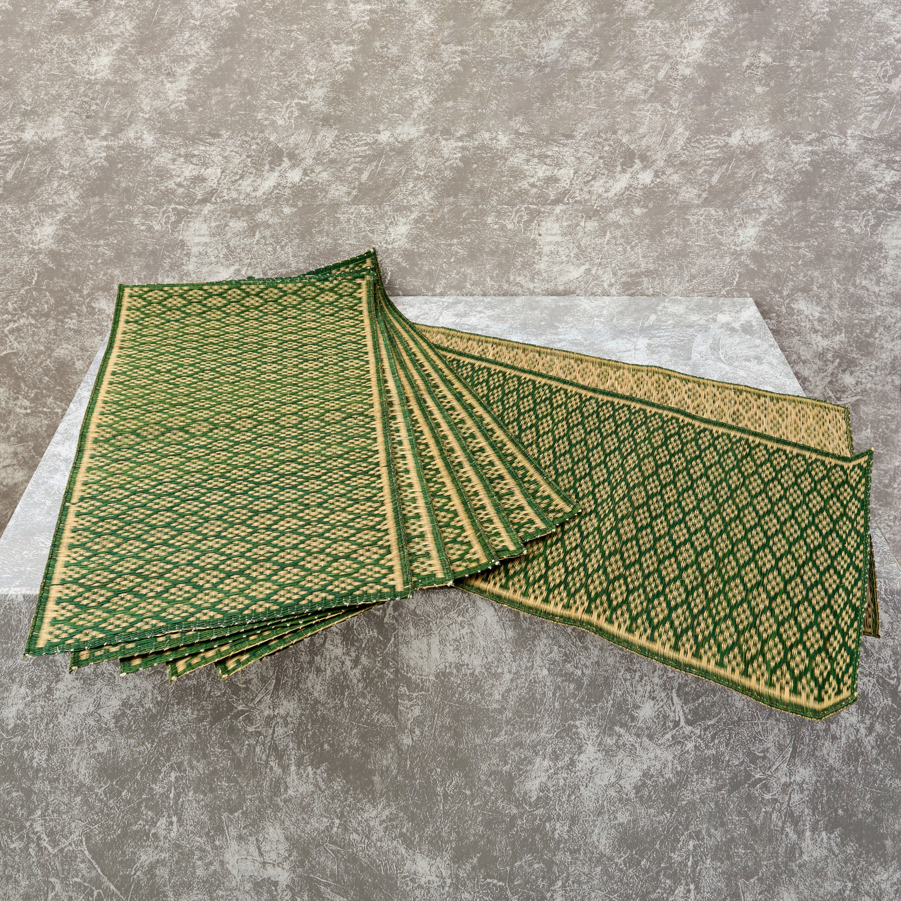 Handwoven Madur Runner and Mats Set (Green Pattern)