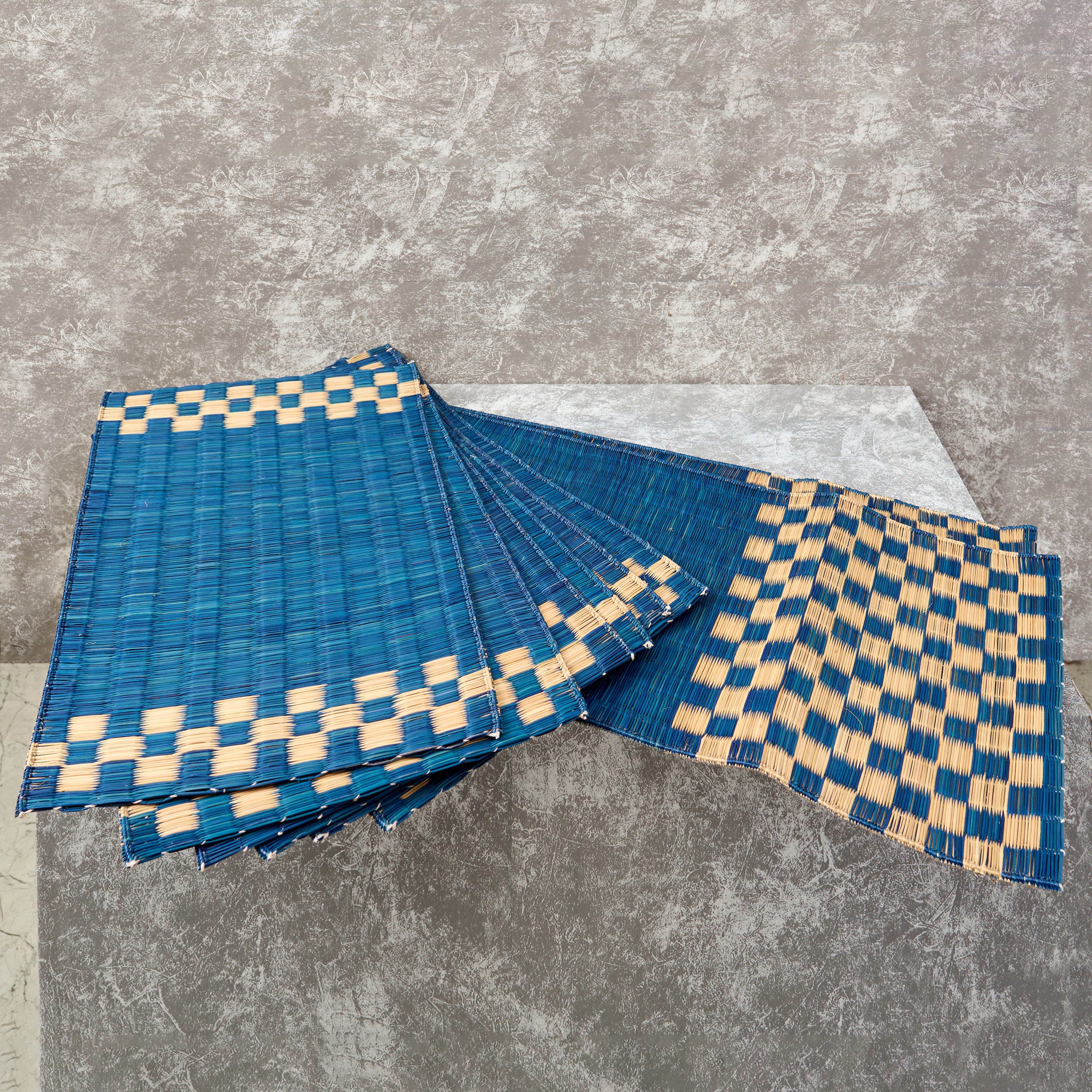 Handwoven Madur Runner and Mats Set- Erokha (Blue)