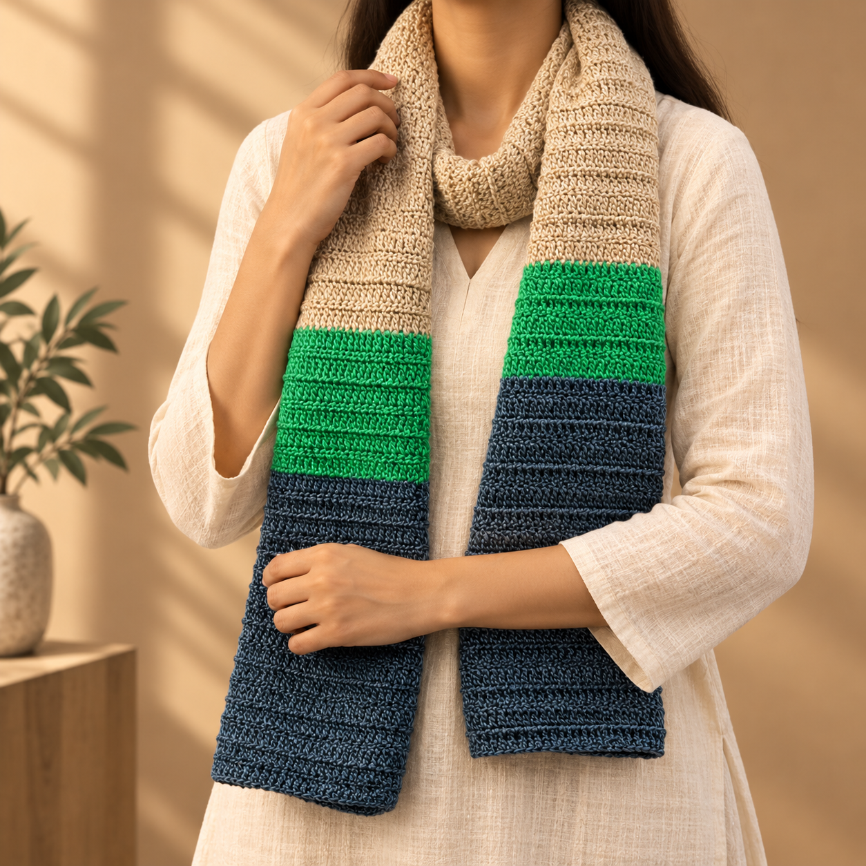 Pure Wool Green, Ash & Beige Scarf