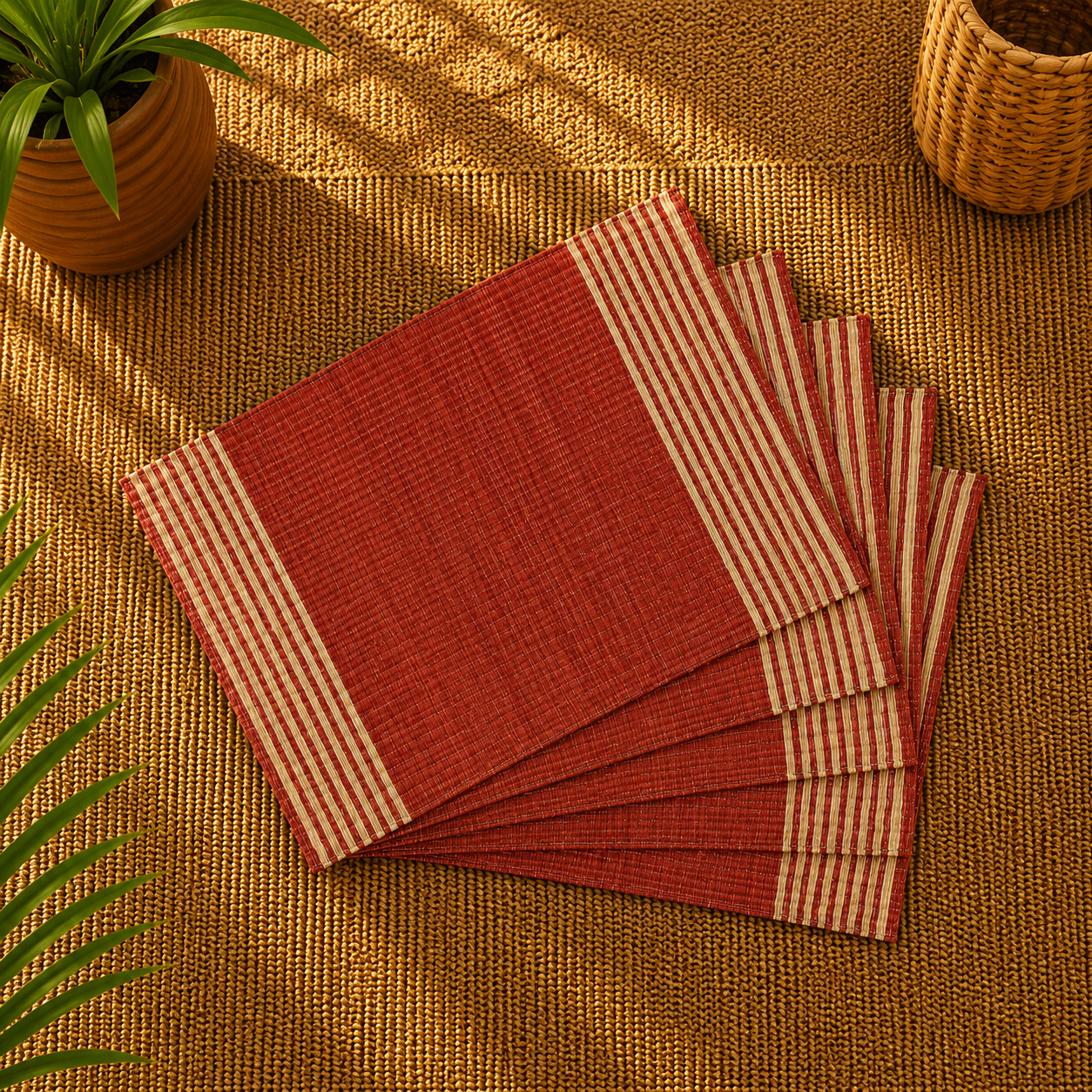 Handwoven Madur Mats Set of 6 (Red Stripe)