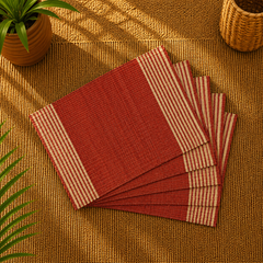 Handwoven Madur Mats Set of 6 (Red Stripe)