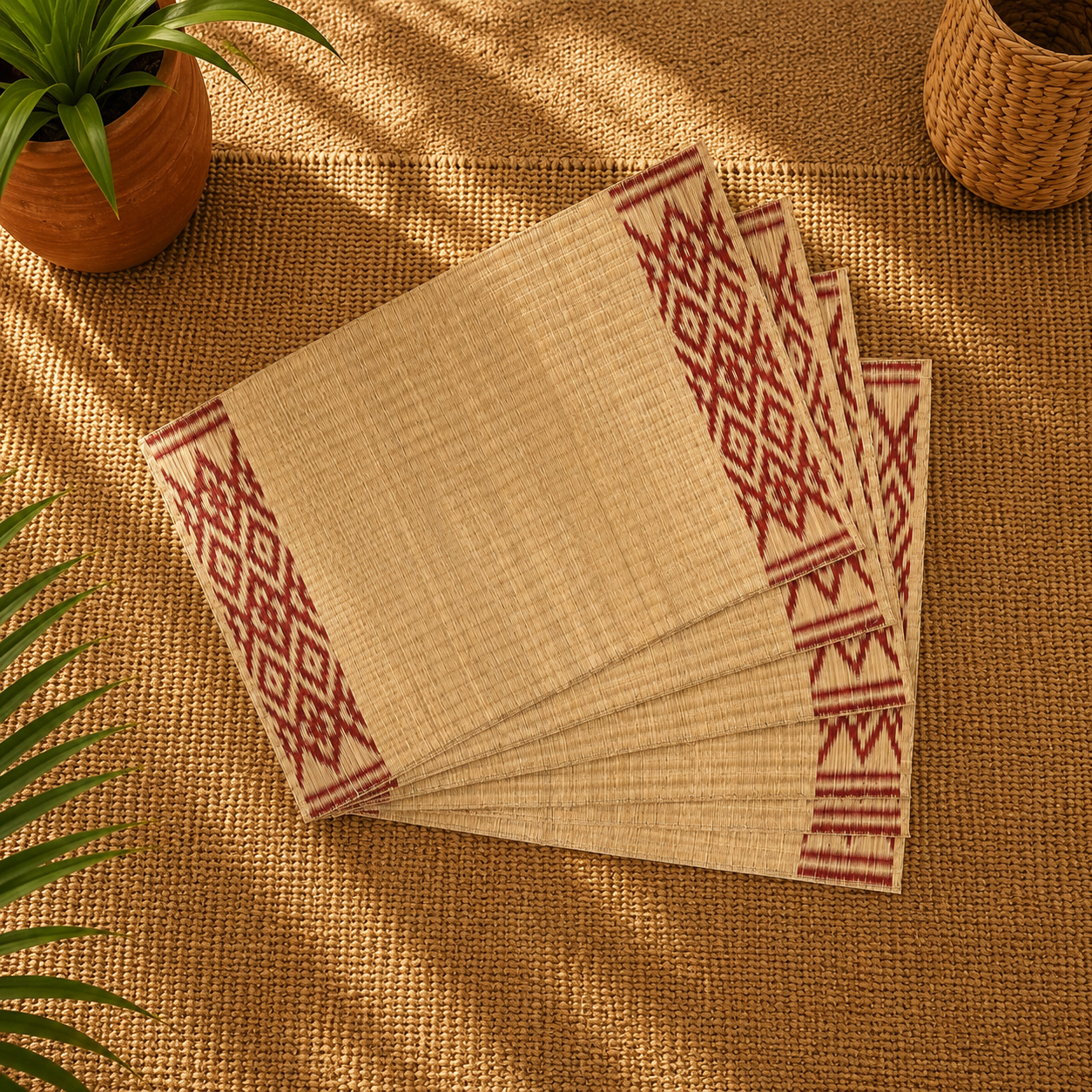 Handwoven Madur Mat Beige & Red- (Set of 6)