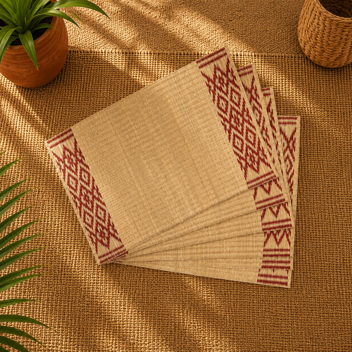 Handwoven Madur Mat Beige & Red- (Set of 6)