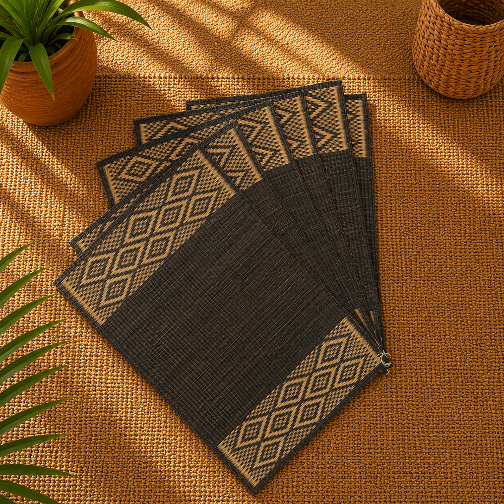 Handwoven Madur Mats Set of 6 (Black)