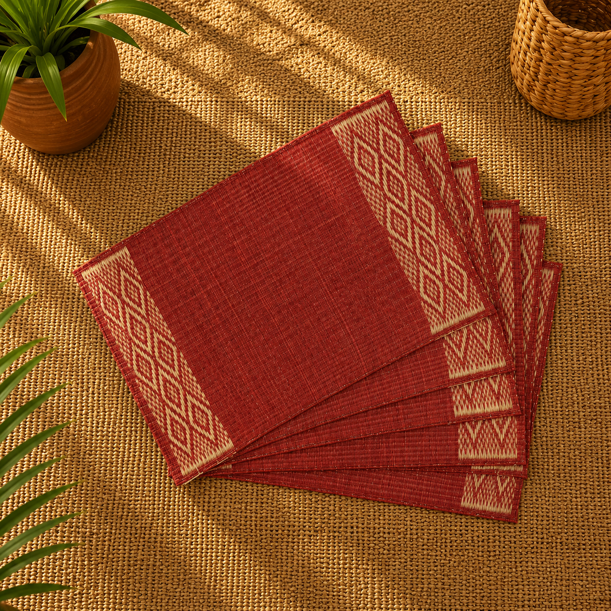 Handwoven Madur Mat Scarlett- (Set of 6)