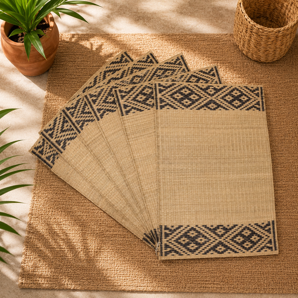Handwoven Madur Mat Beige & Black- (Set of 6)