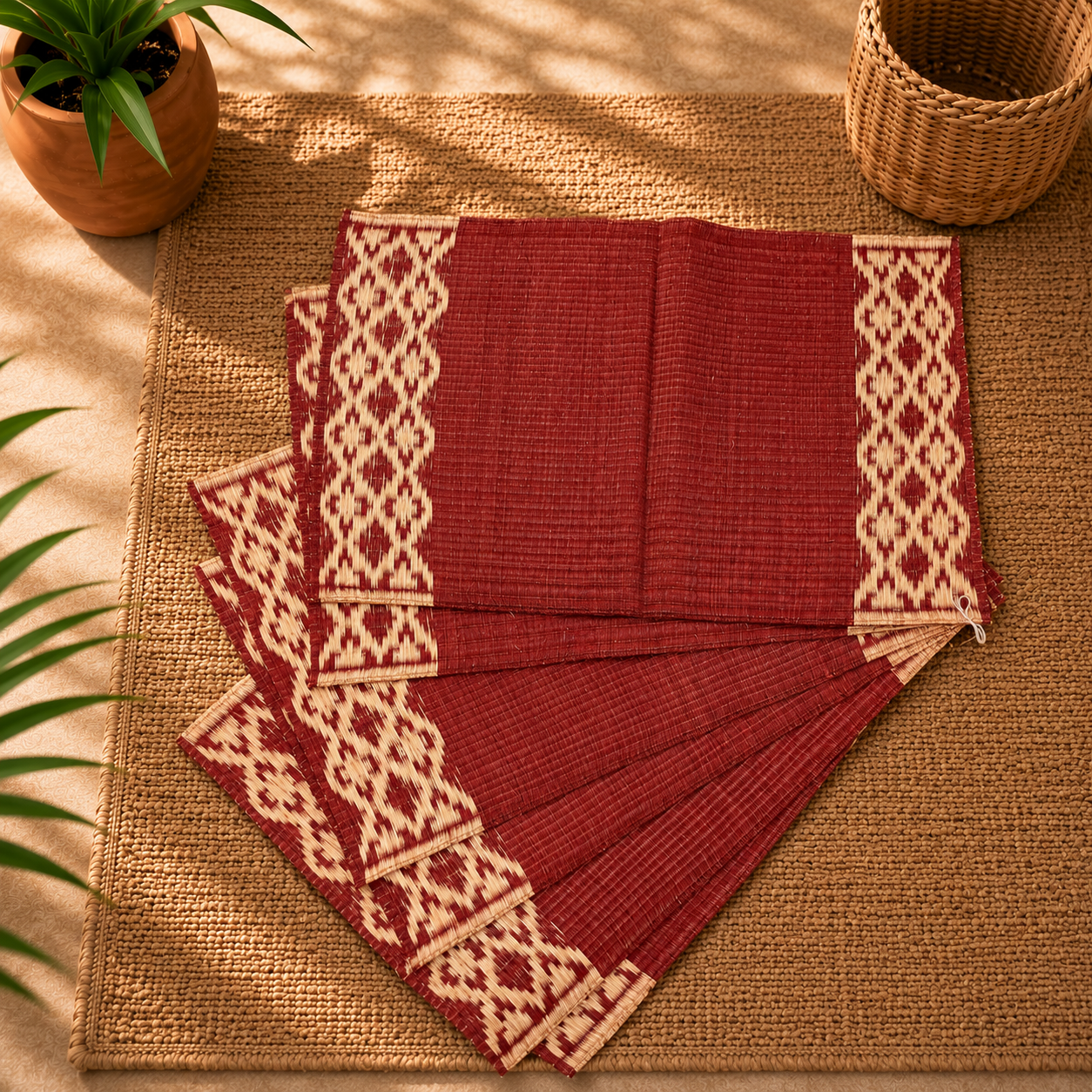 Handwoven Madur Mat Scarlett- (Set of 6)