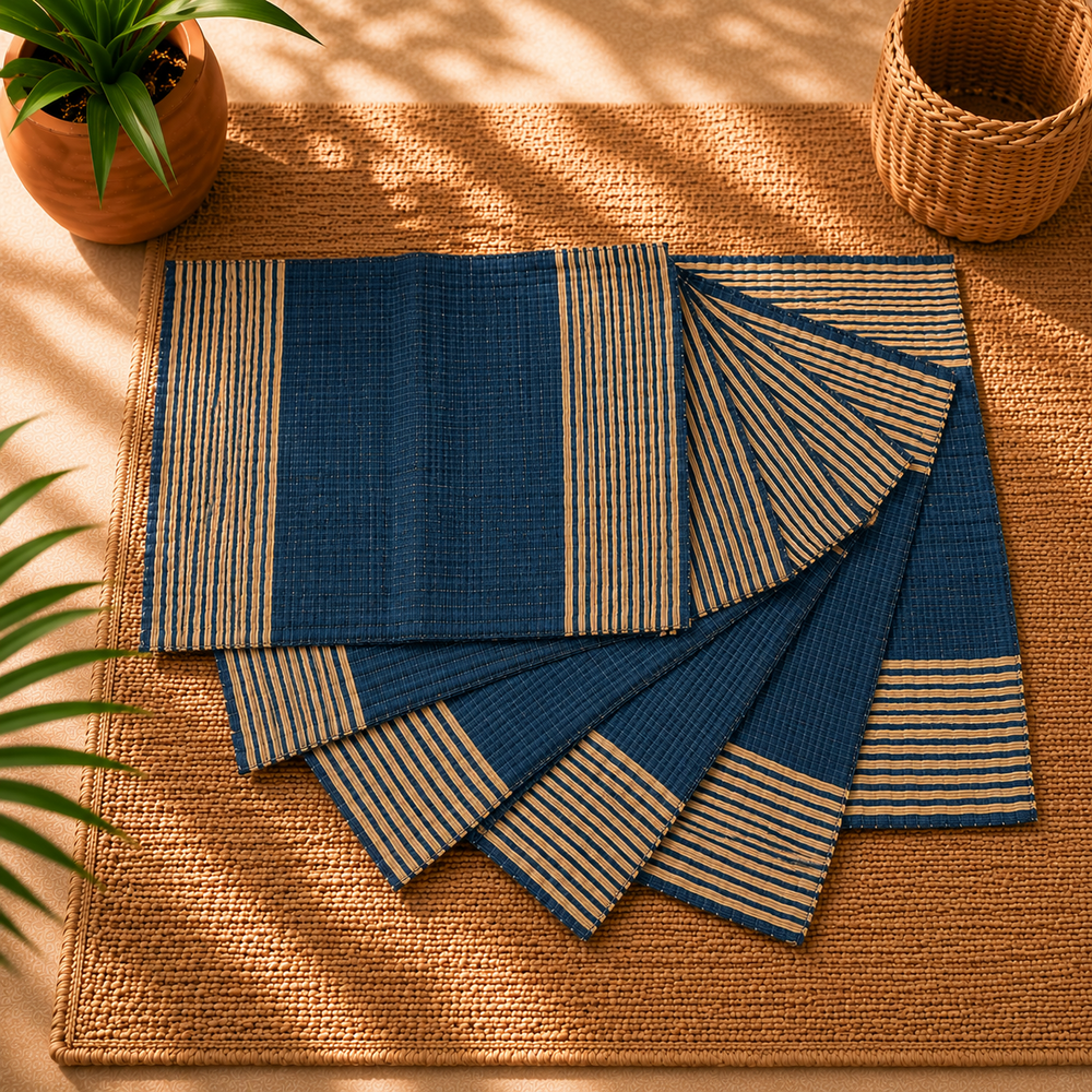 Handwoven Madur Mat Blue and Black- (Set of 6)