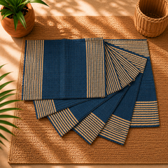 Handwoven Madur Mat Blue and Black- (Set of 6)