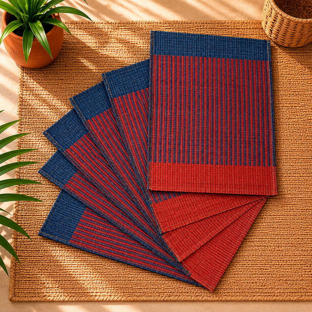Handwoven Madur Mat Blue and Red Shade- (Set of 6)