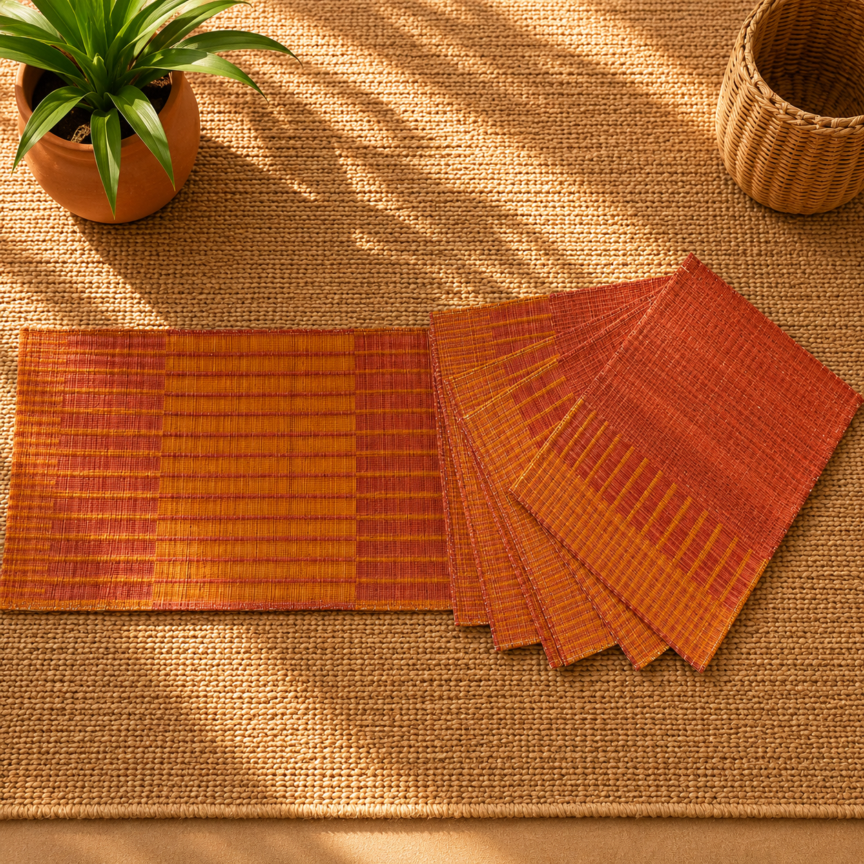 Handwoven Madur Runner and Mats Set (Red Shade)