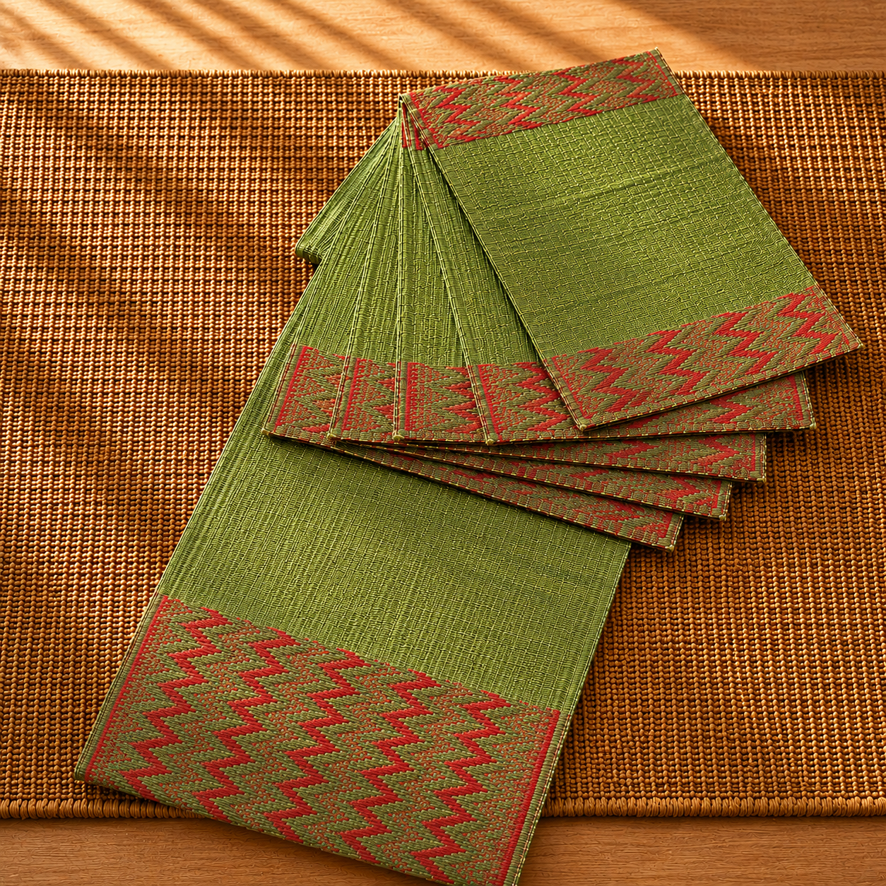 Handwoven Madur Runner and Mats Set (Olive)