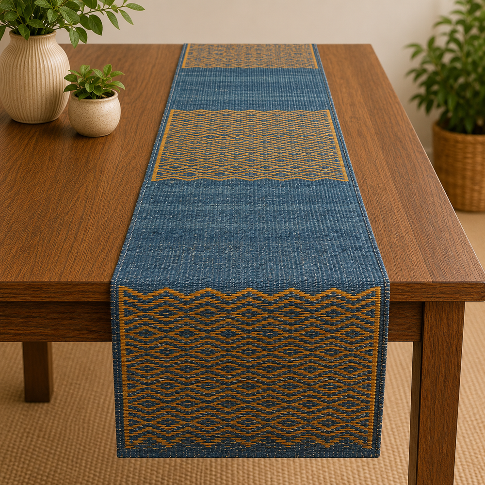 Handwoven Madur Table Runner (Blue & Yellow)