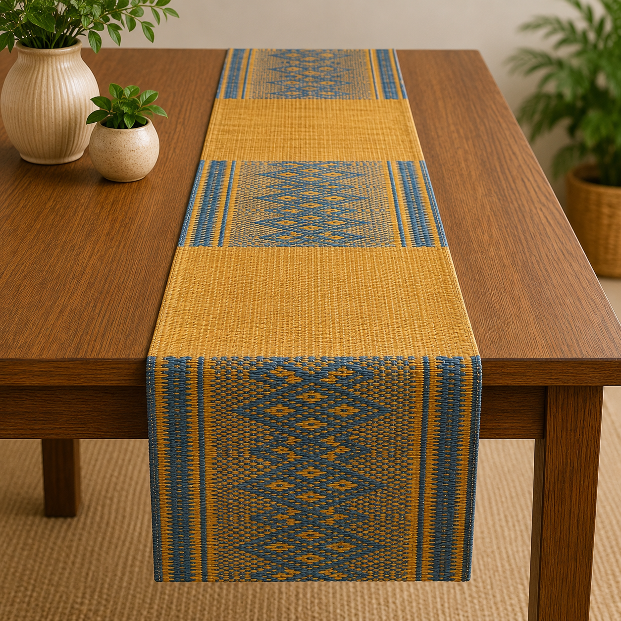 Handwoven Madur Table Runner (Blue & Yellow Pattern)