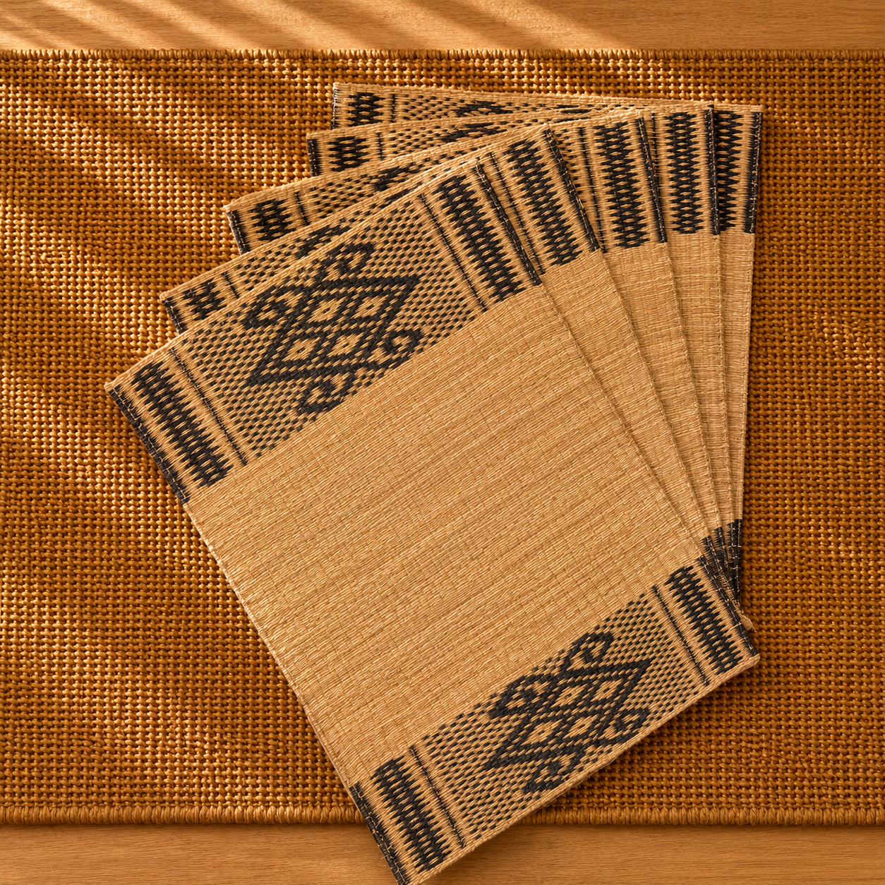 Handwoven Madur Mat Beige & Blue- (Set of 6)