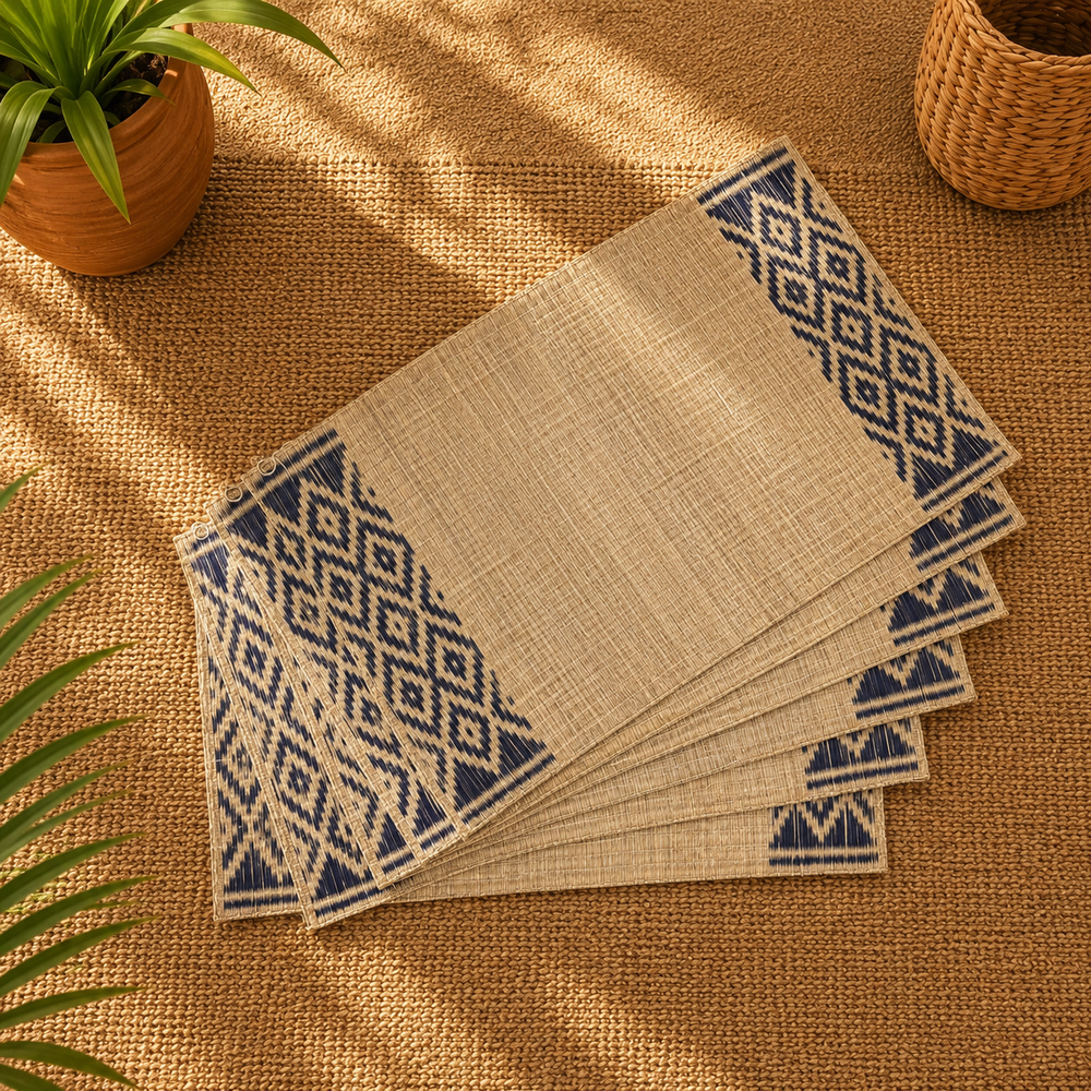 Handwoven Madur Mat Beige & Blue- (Set of 6)