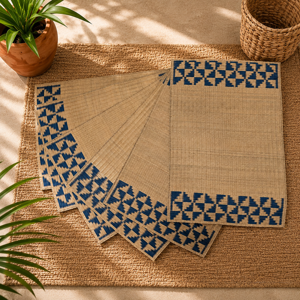 Handwoven Madur Mat Beige- (Set of 6)