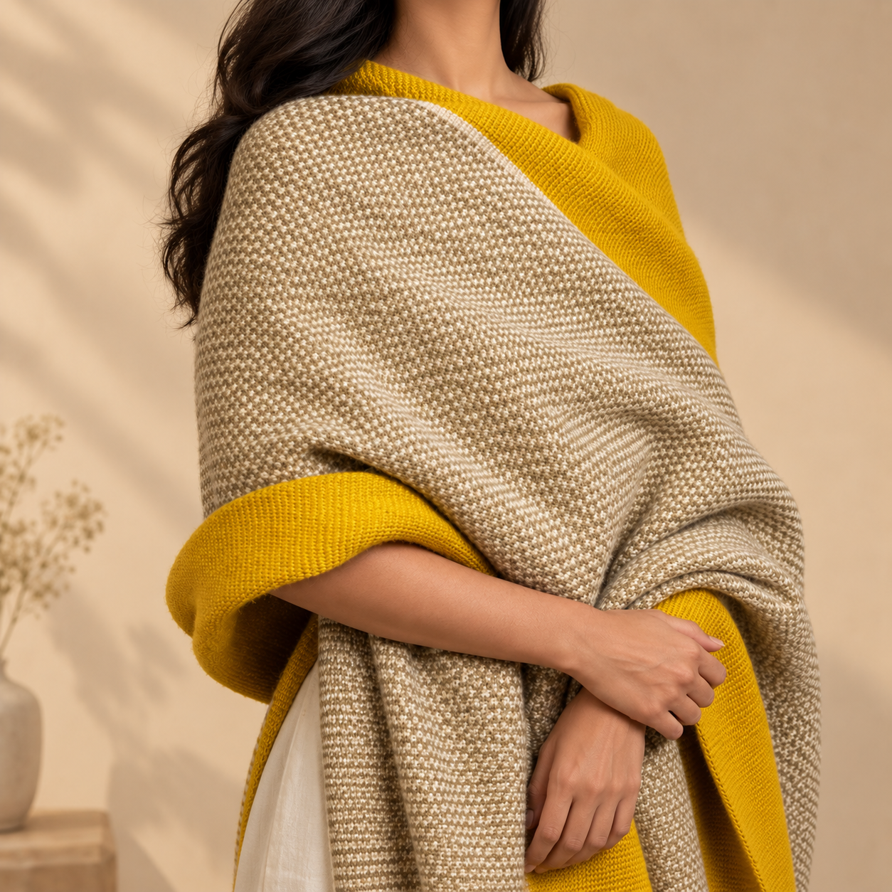 Pure Wool Handwoven Yellow and Ash Shawl