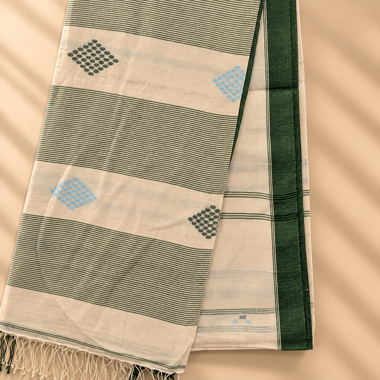 Cotton Jamdani White with Green Border