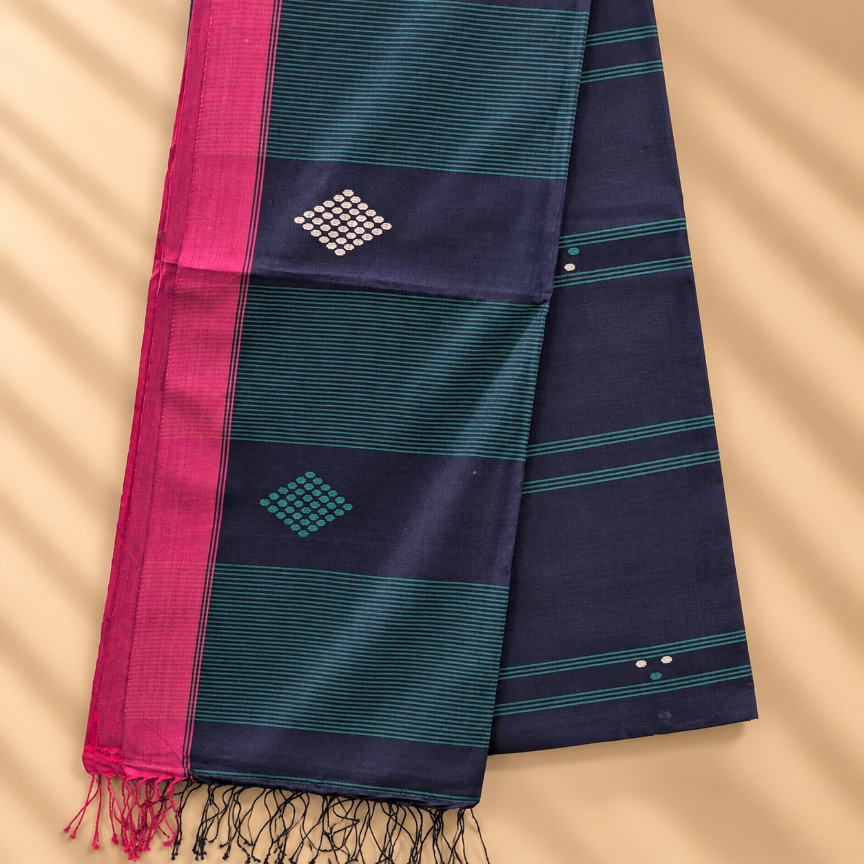 Cotton Jamdani Indigo with Pink Border