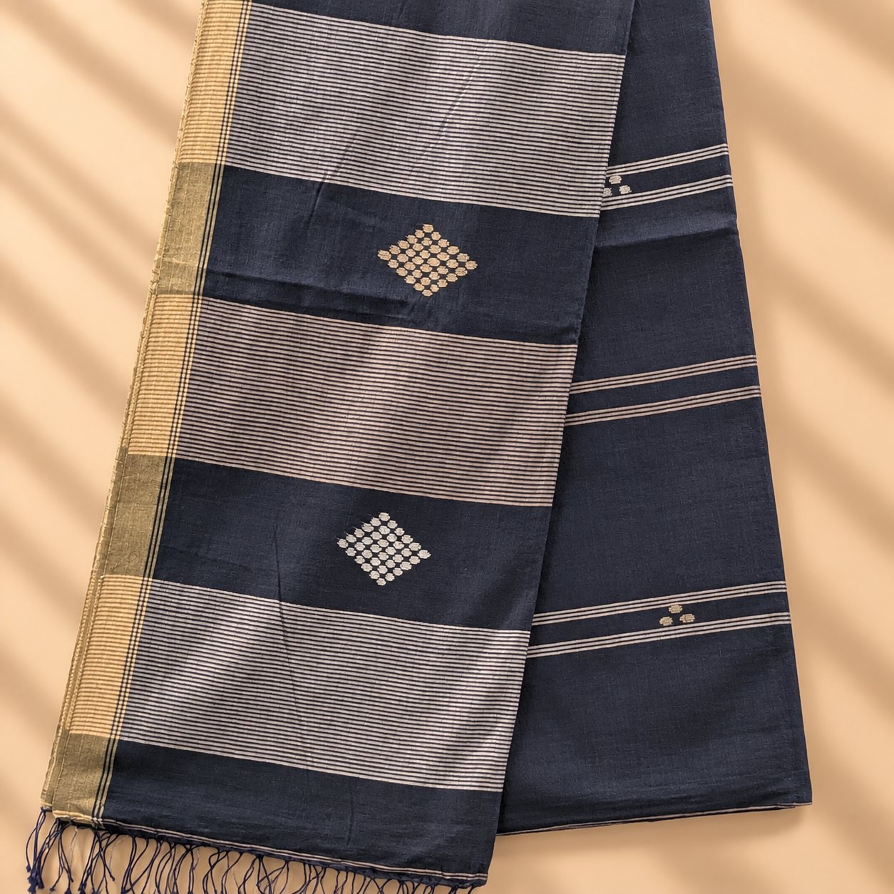 Cotton Jamdani Sky Black with Golden Border