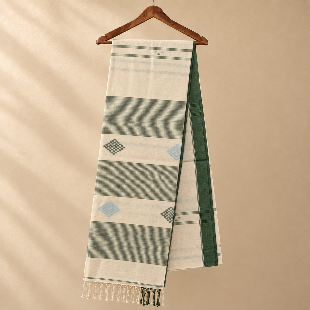 Cotton Jamdani White with Green Border