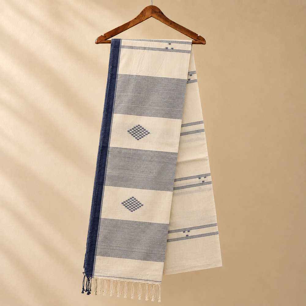 Cotton Jamdani White with Blue Border