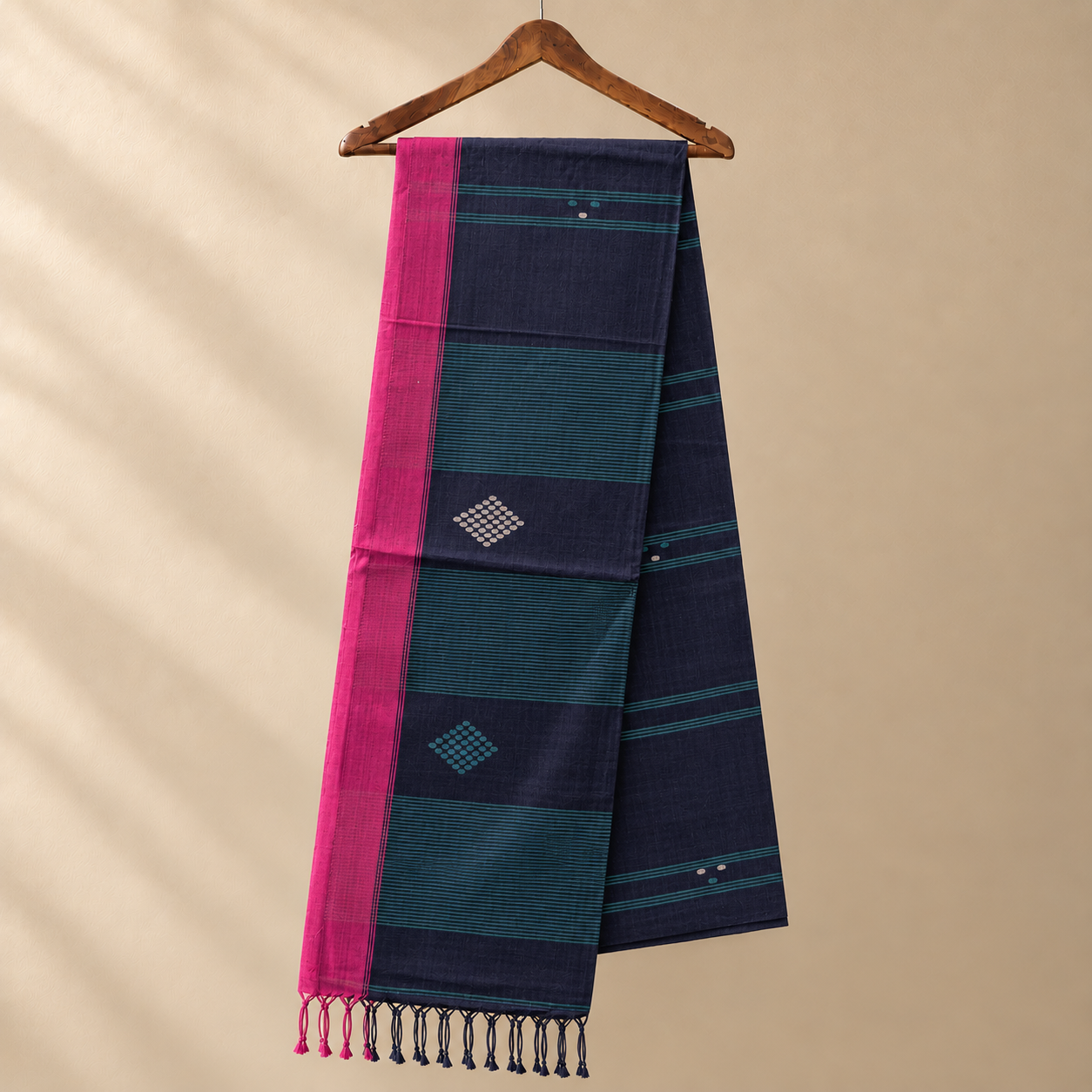 Cotton Jamdani Indigo with Pink Border