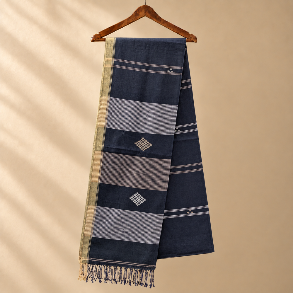 Cotton Jamdani Sky Black with Golden Border