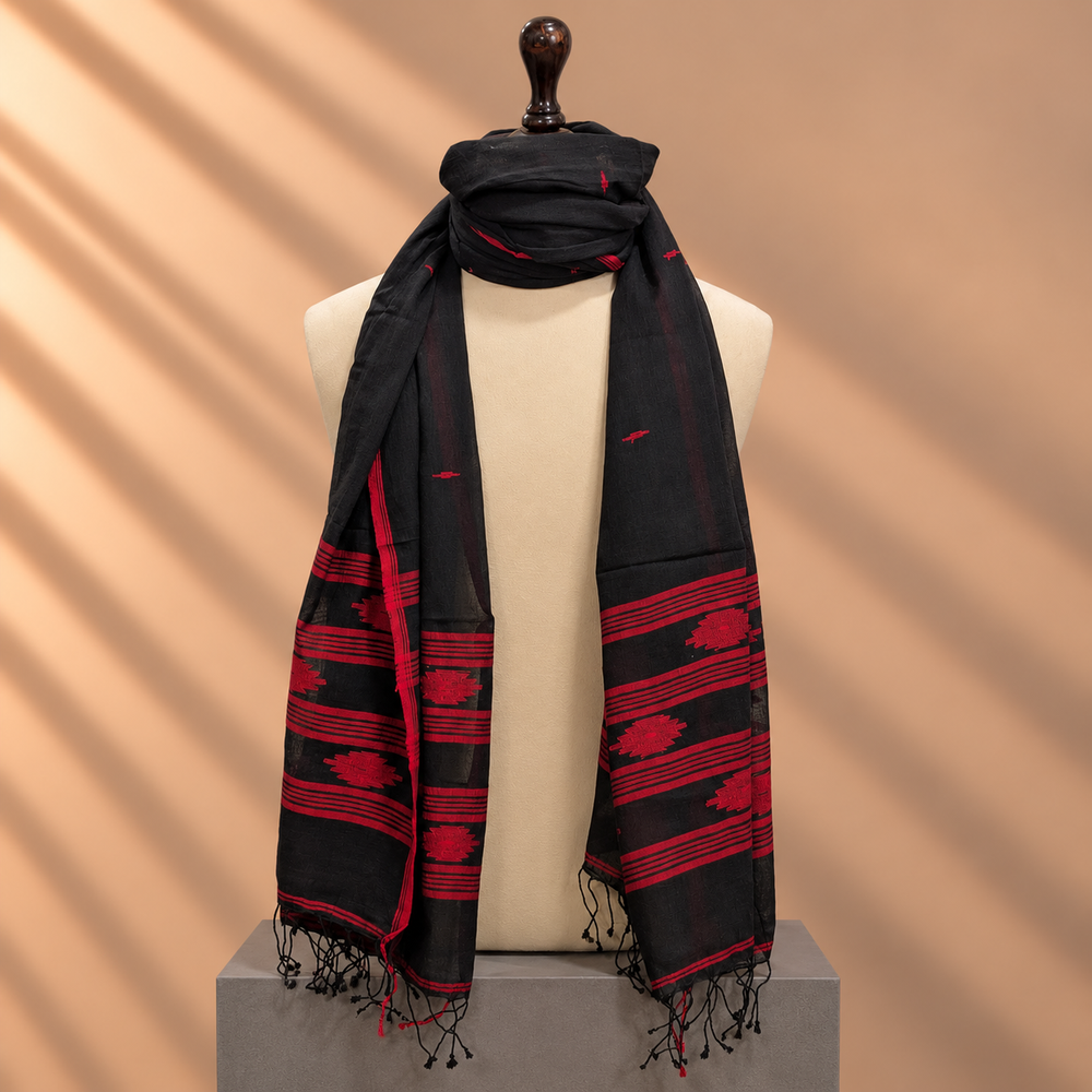Cotton Jamdani Stole (Black & Red)