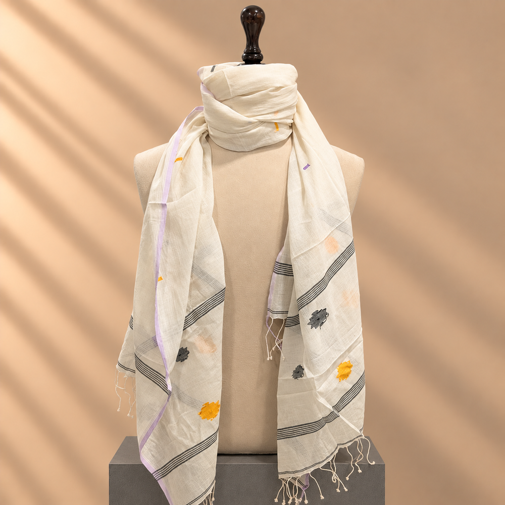 Cotton Jamdani Stole (White with Patterns)