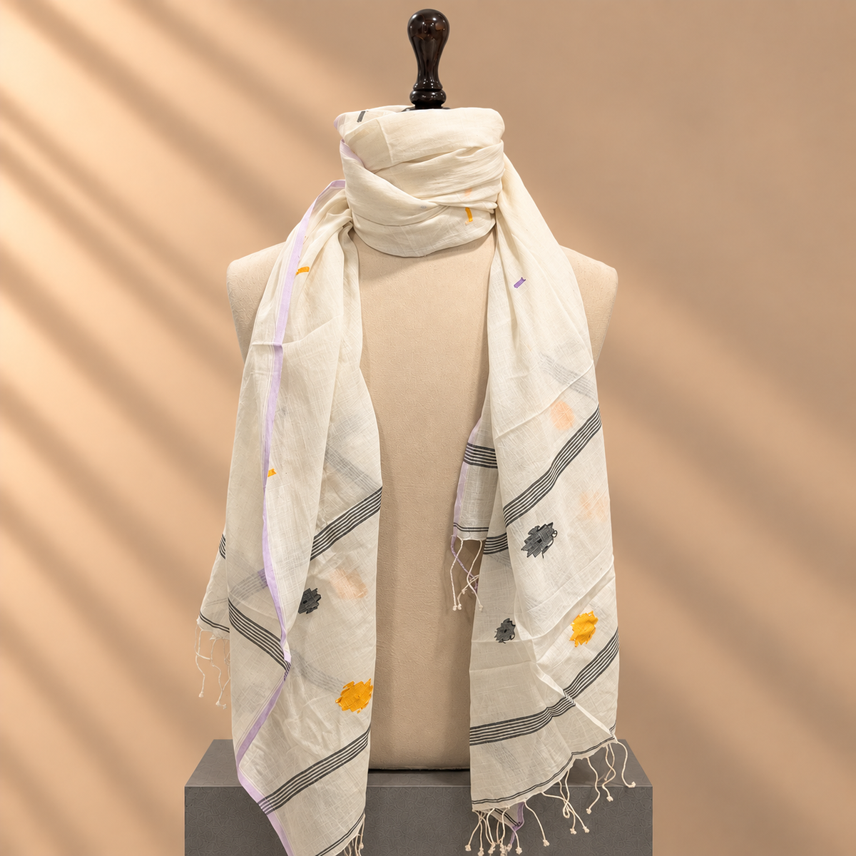 Cotton Jamdani Stole (White with Patterns)