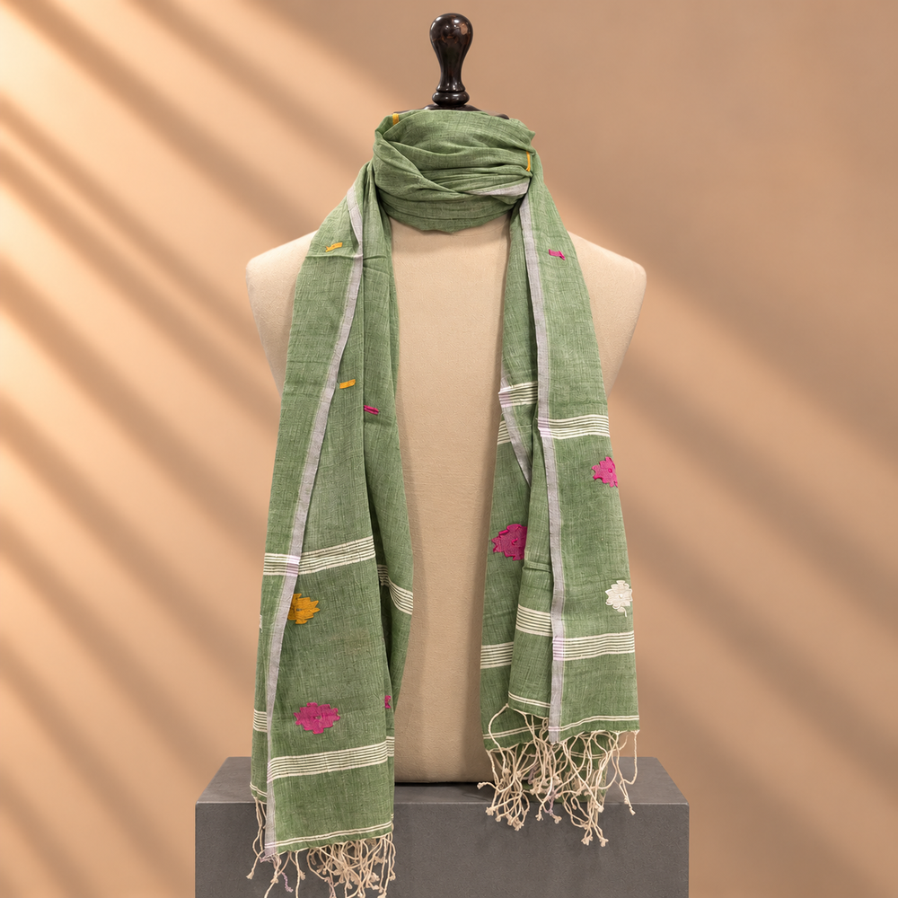 Cotton Jamdani Stole (Moss Green)