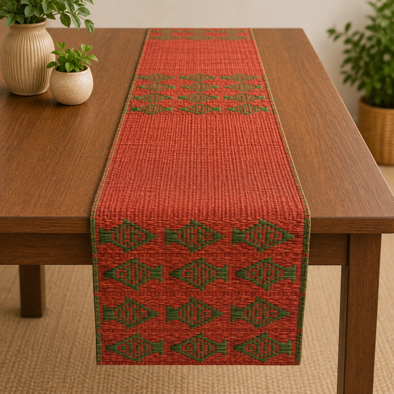 Handwoven Madur Table Runner (Red with fish)