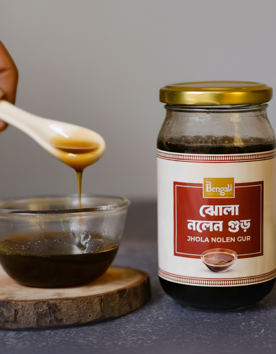 Bottle of Bengal Jhola Nolen Gur with a spoon and bowl on a wooden surface.