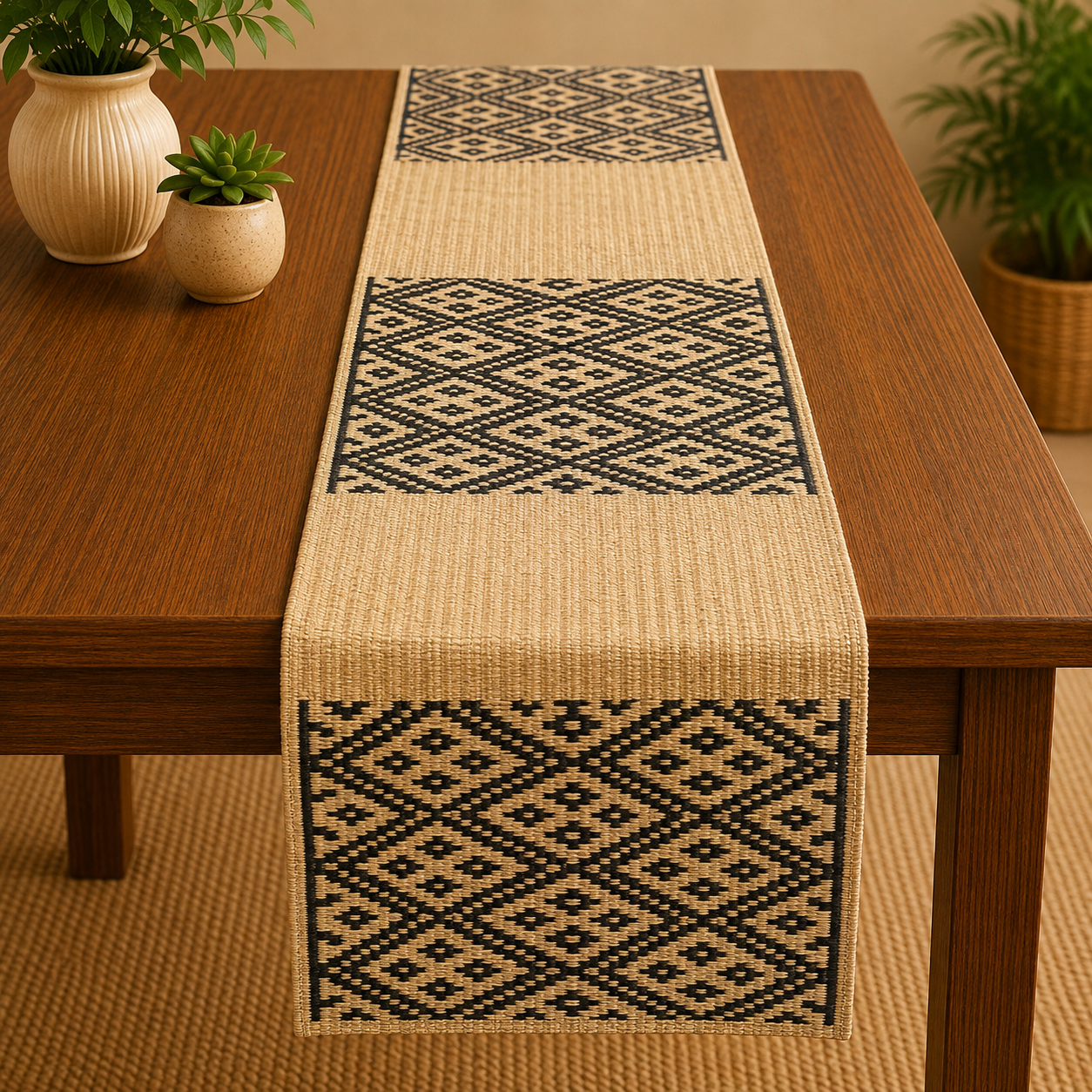 Handwoven Madur Table Runner (Black-Beige)