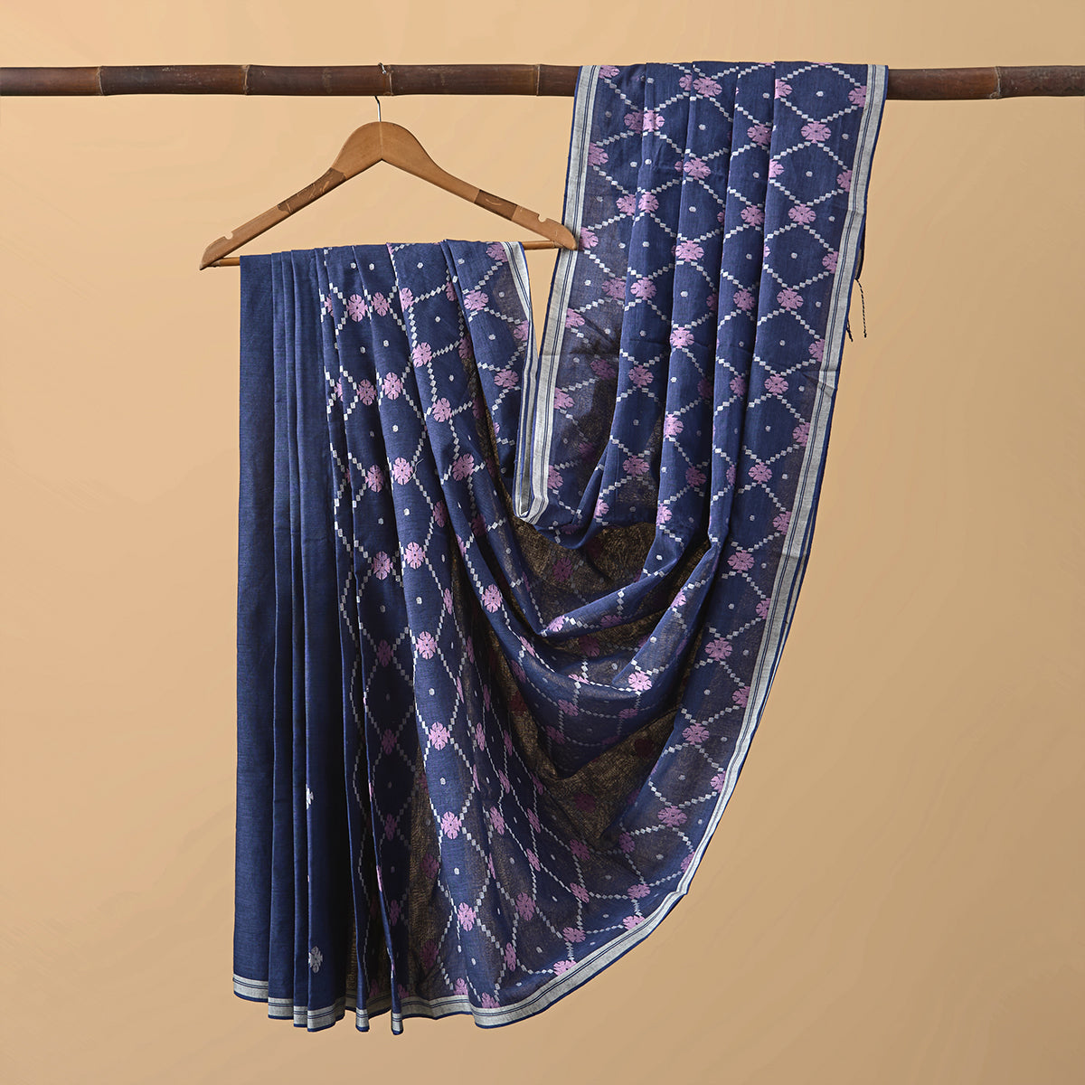 Cotton Jamdani Indigo and Pink