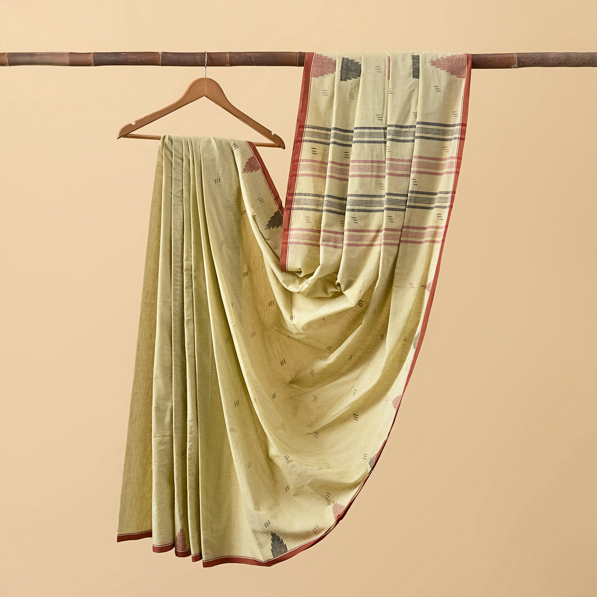 Cotton Jamdani Beige with Red Border