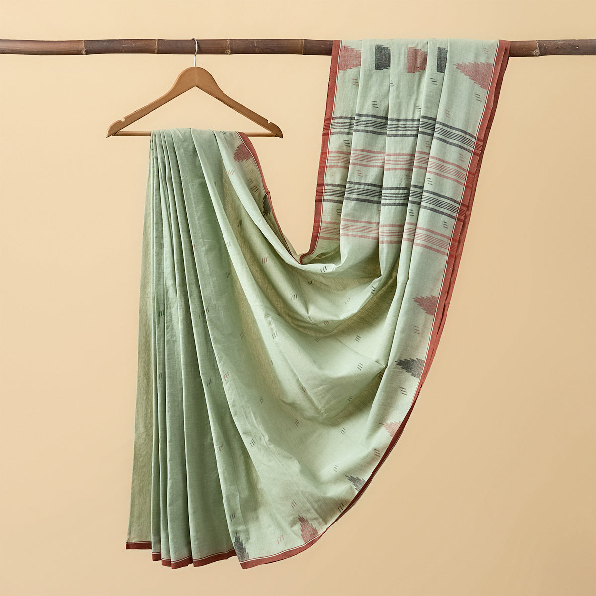 Cotton Jamdani Moss Green with Red